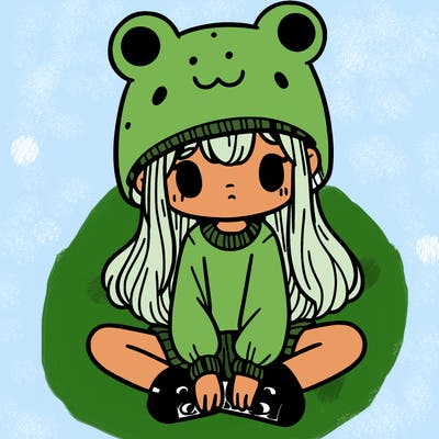 a girl wearing a frog hat and some frog socks