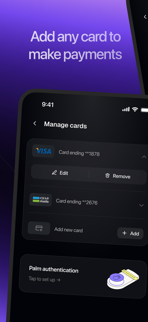 Link Wallet App - Tela do Link Wallet App para gerenciar cartões e configurar a segurança biométrica de palma