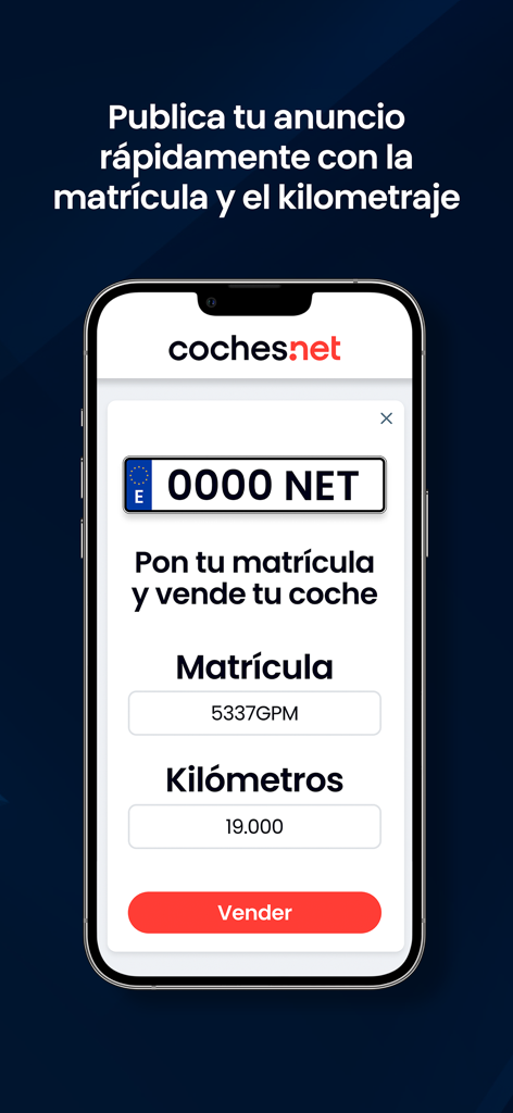 Interface of the Coches net app showing the form to sell a car using a license plate and mileage