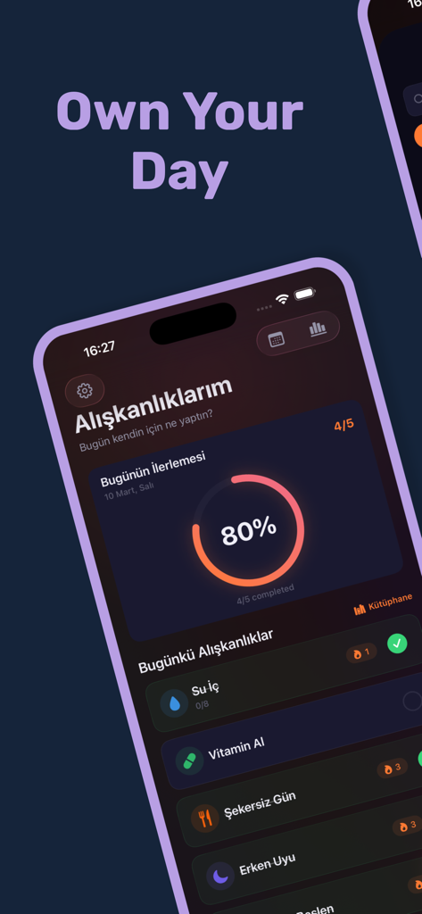 Streakly: Daily Habit Tracker - Streakly app interface showing daily habit progress ring and routine list