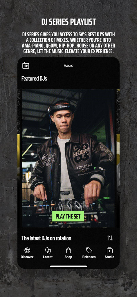 Sportscene Social Club - The DJ Series Playlist screen in the Sportscene Social Club app showing a featured DJ set