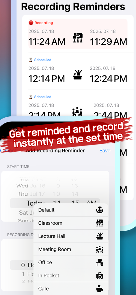 EZRecorder: One-Tap Recording - Interfaz de la aplicación EZRecorder que muestra recordatorios de grabación programados y ajustes preestablecidos de entorno de audio.