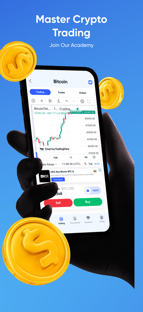 Smartphone showing a Bitcoin trading chart and simulated market data