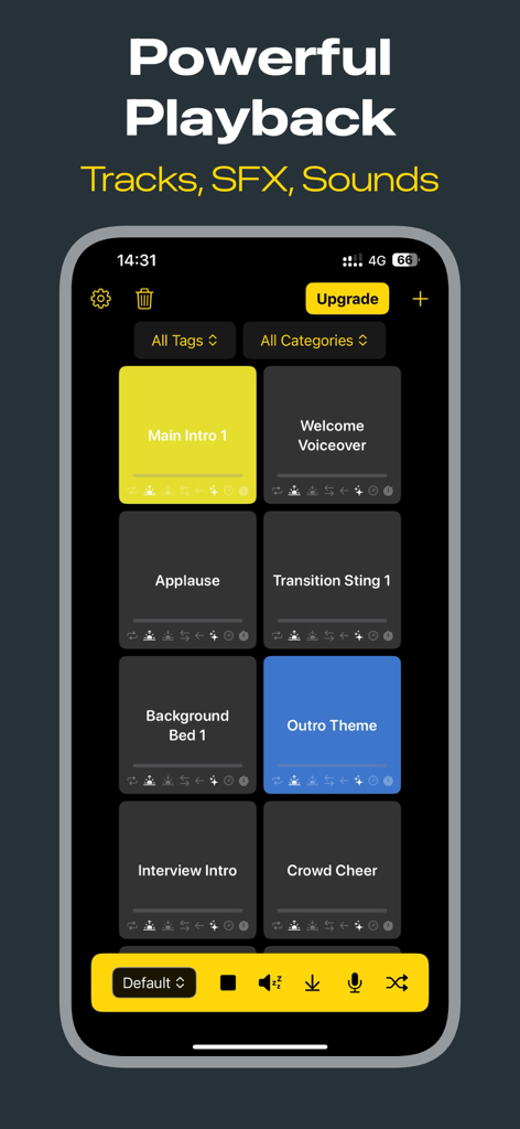 Soundboard Pro - Interfaz de la aplicación Soundboard Pro con una cuadrícula de pistas de audio y disparadores de efectos de sonido.