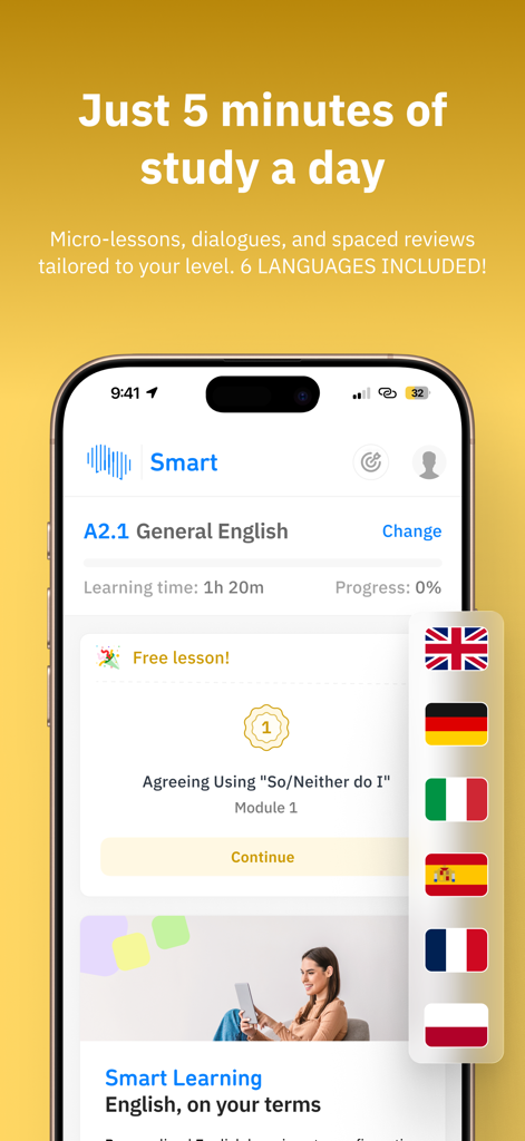 Fluentbe - Fluentbe app screen showing the Smart Learning interface for General English with a selection of available languages represented by flags