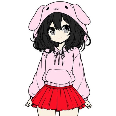 pretty anime girl wearing a fluffy hoodie with bunny ears on the hood and a skirt