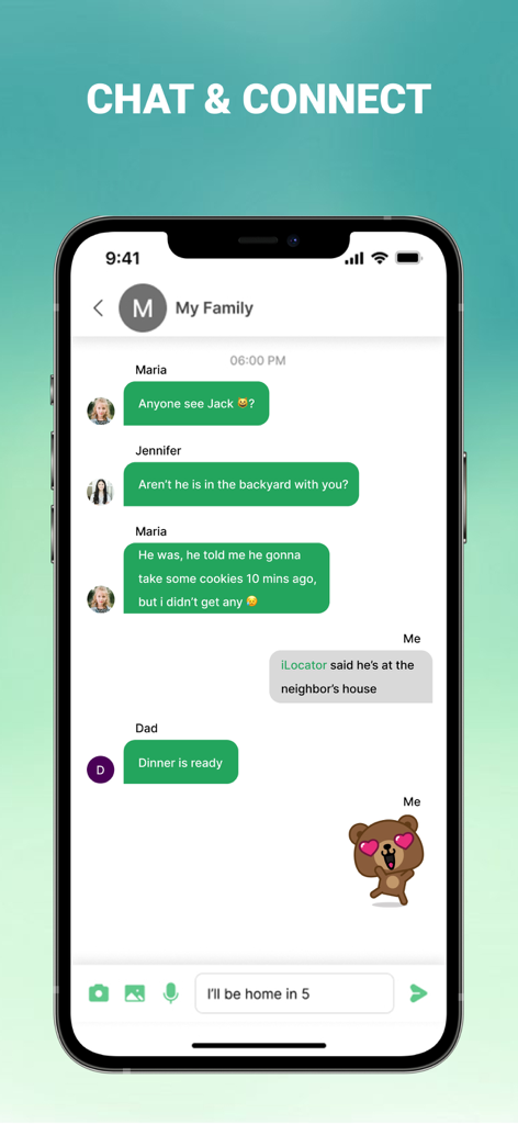 The iLocator app interface showing a family group chat with location updates and messaging features