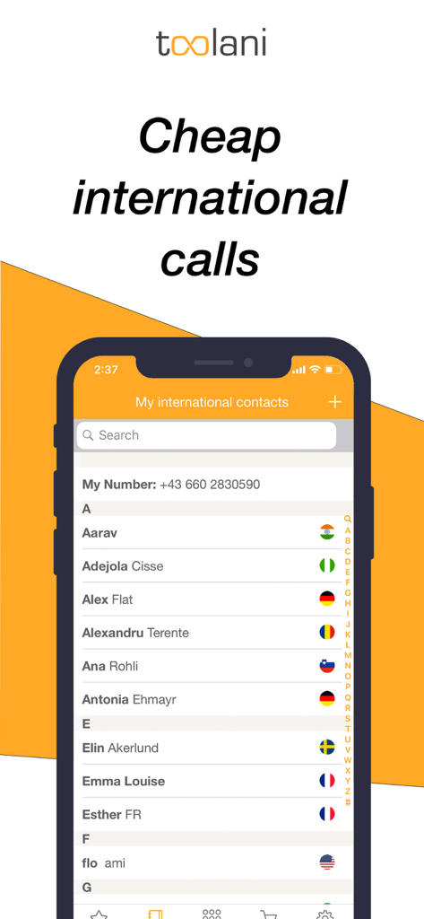 toolani: International Calling - toolaniアプリの国際連絡先リスト画面、国旗が表示されている。
