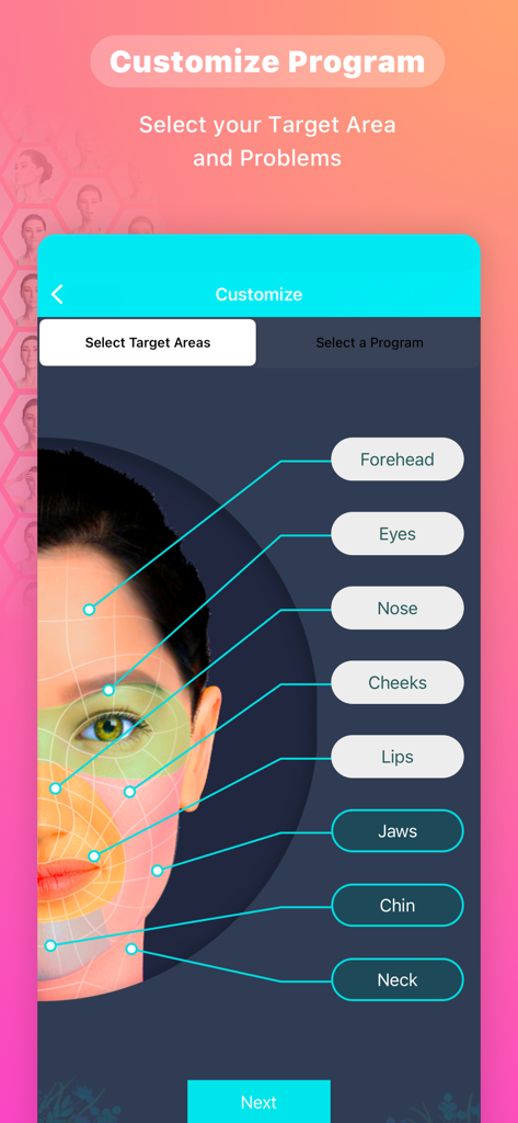 Interface to select specific facial areas for a personalized yoga routine