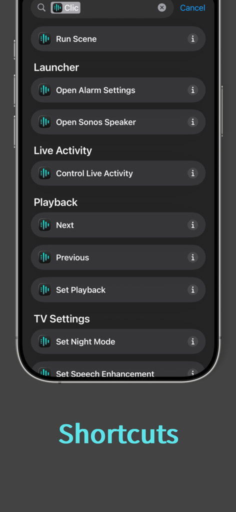 Clic for Sonos - Oberfläche von Clic for Sonos, die verschiedene iOS-Verknüpfungen zur Wiedergabesteuerung und zu TV-Einstellungen anzeigt