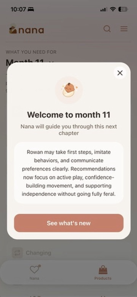 Nana Baby App - Nana Baby App interface displaying developmental milestones and tips for an 11 month old baby.