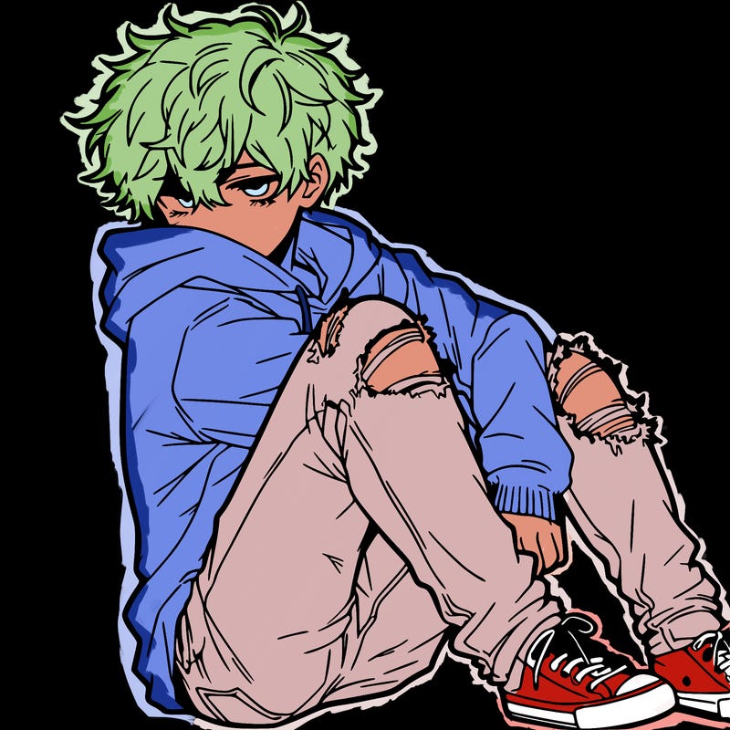 a male hoddie ripped jeans messy hair anime