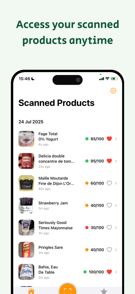 SafeEats: Food Label Scanner - A list of scanned food products in the SafeEats app showing nutritional scores and favorited items