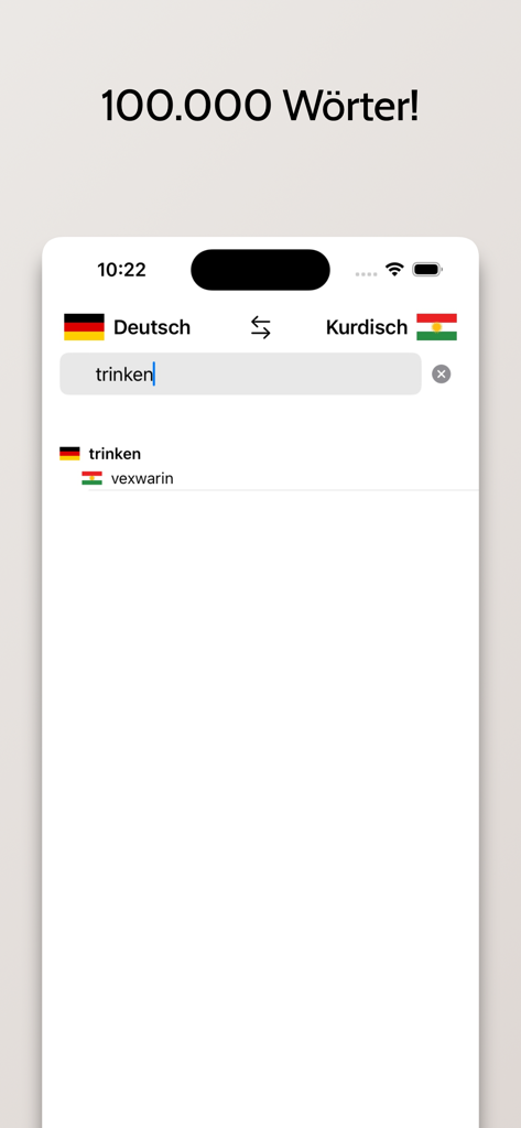 Kurdisch-Deutsch Wörterbuch - Interface of the Kurdish-German dictionary app showing a translation from German to Kurdish.