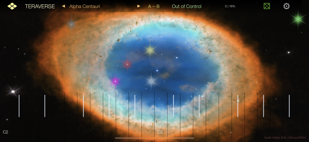 Teraverse - Teraverse synthesizer app interface with a space nebula background and keyboard markings