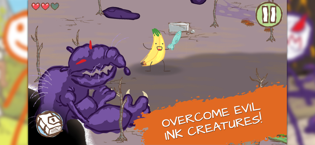 Draw a Stickman: EPIC 2 - Draw a Stickman EPIC 2에서 큰 보라색 잉크 생물과 마주하고 있는 생선을 든 바나나 캐릭터.