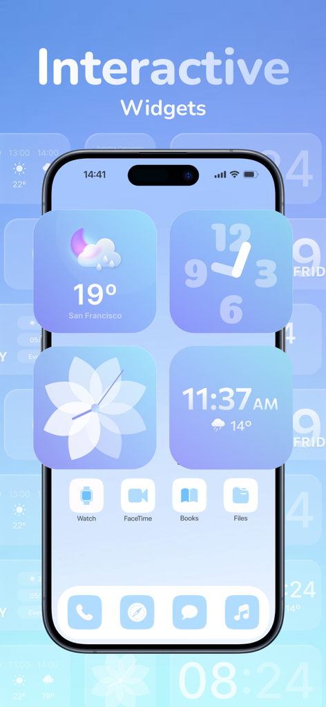 Thematic - Top Color Widgets - iPhone screen showcasing various interactive light blue widgets for weather and time using the Thematic app