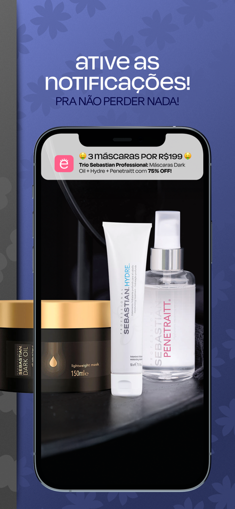 Época Cosméticos & Perfumaria - Smartphone displaying a push notification from the Epoca Cosmeticos app for a professional hair care promotion