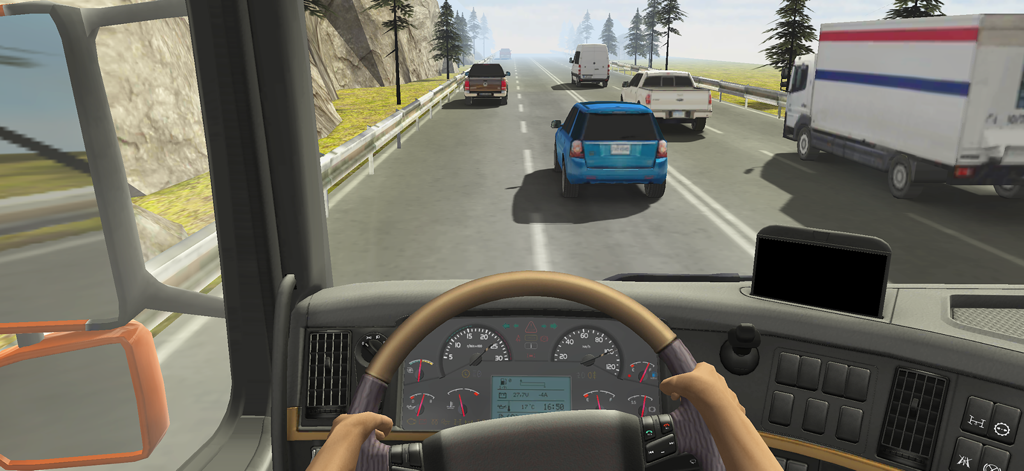 Truck Racer 3D - Vista de cockpit em primeira pessoa de um caminhão dirigindo pelo tráfego da rodovia