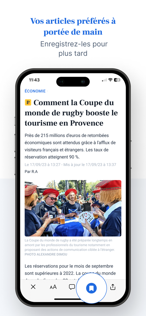 La Provence : actu en direct - Screenshot of La Provence news app article with the bookmark button highlighted