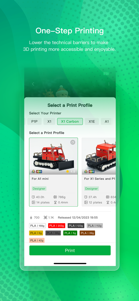 Bambu Handy - Bambu Handy app interface showing the one-step printing selection for a 3D model