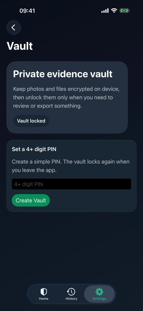 Nearby Glasses Scanner - Setting up a private evidence vault with a PIN code in the Nearby Glasses Scanner mobile application.