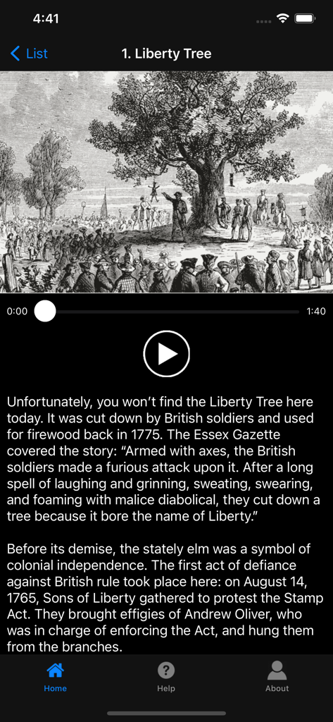 Historic Boston - Historic Boston app screen for the Liberty Tree narrated tour stop