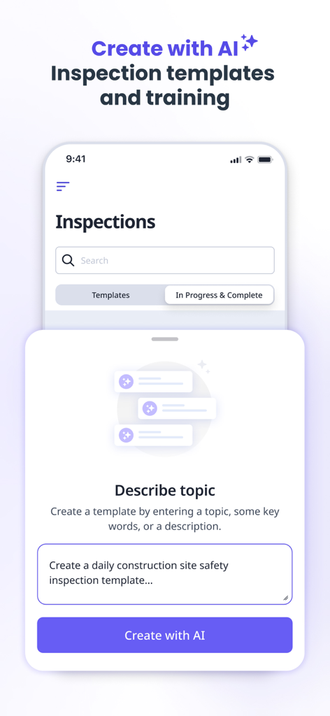 SafetyCulture (iAuditor) - Un'interfaccia mobile per SafetyCulture che mostra come creare modelli di ispezione e formazione utilizzando prompt di IA.