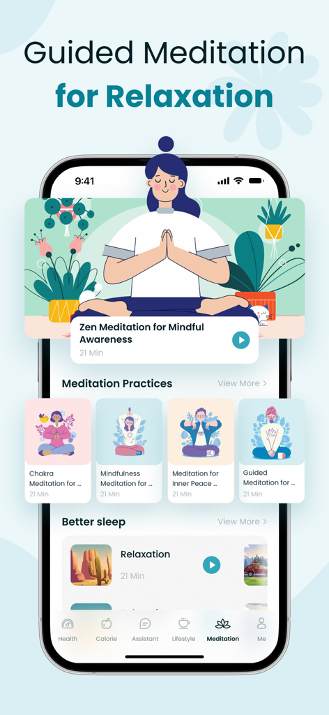 Una pantalla de smartphone de la aplicación HealthBit que muestra prácticas de meditación guiada y sesiones de relajación para dormir mejor.