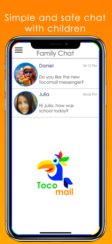 Tocomail - Email for Kids - Smartphone affichant l'interface de chat familial Tocomail pour enfants