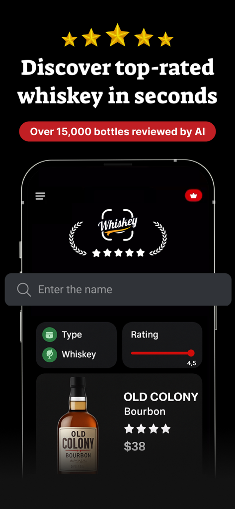 Mobile app interface of Whiskey ID showing a search result for bourbon with AI rating and price