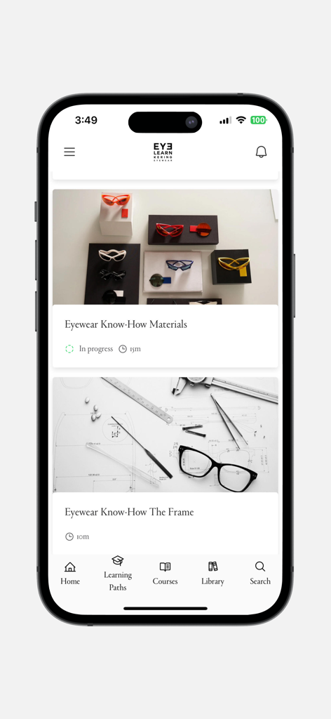 Eyelearn Kering Eyewear - Eyelearn Kering Eyewear mobile app dashboard with training courses for luxury retail associates