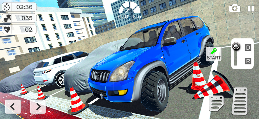Prado Car Parking Driving Game - A blue luxury SUV navigating through traffic cones in an urban parking lot simulation