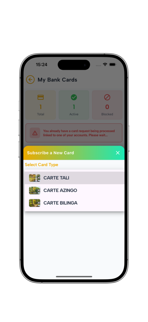 EDG MOBILE-BANK - EDG MOBILE-BANK app interface for managing bank cards and subscribing to new card types