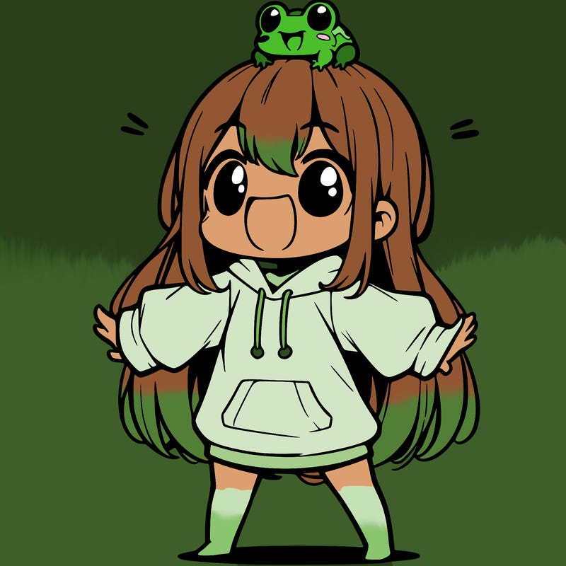 a excited chibi girl whith long hair and a baggy shirt whith a frog on there head