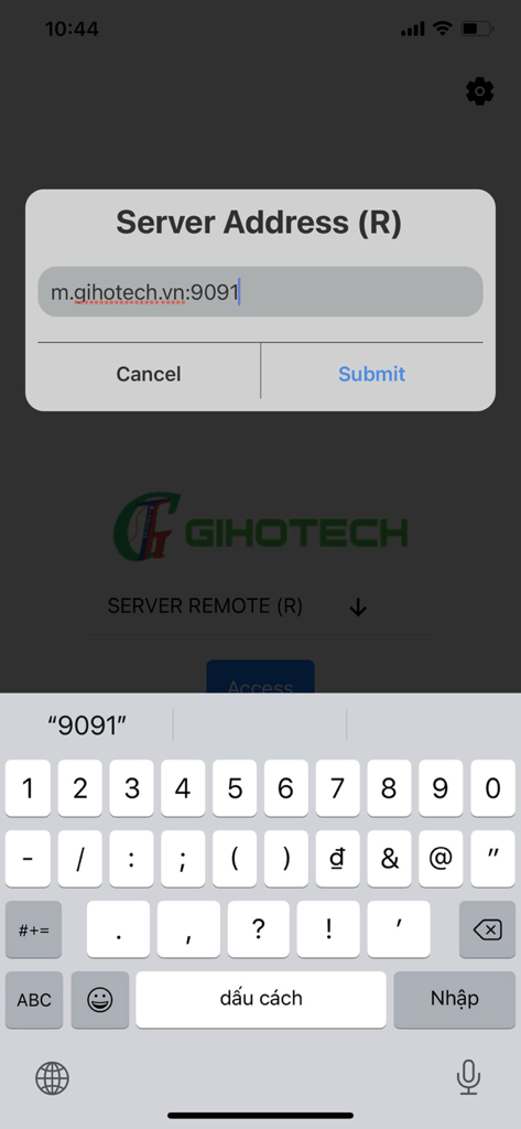 GiHoTech Front Office - Konfigurationsbildschirm für den GiHoTech Front Office-Server mit dem Eingabefeld für die Serveradresse