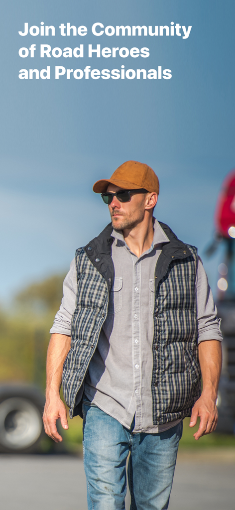 Roolz Navigation for Truckers - Ein professioneller LKW-Fahrer geht vor einem Sattelzug entlang, mit Text, der Benutzer einlädt, der Gemeinschaft der Straßenhelden beizutreten