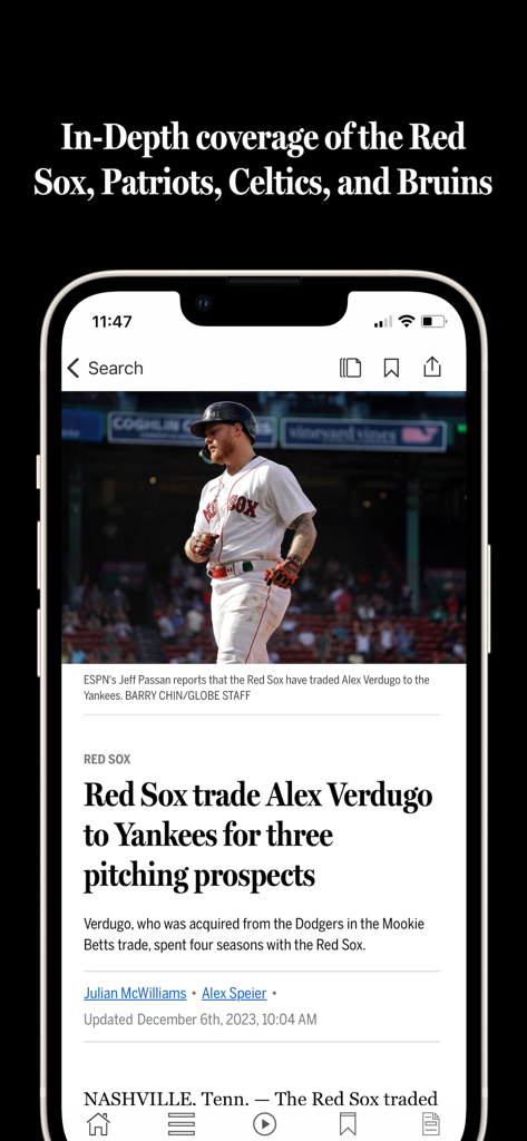 The Boston Globe app displaying an in-depth sports news article about the Red Sox