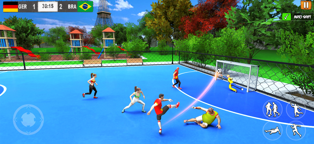 Street Soccer - Futsal 2026 - Street soccer match gameplay on a blue court with park scenery