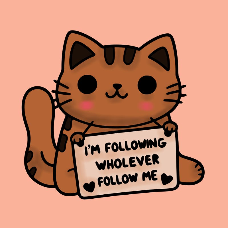 cat with a sign that says i’m following whoever follows me