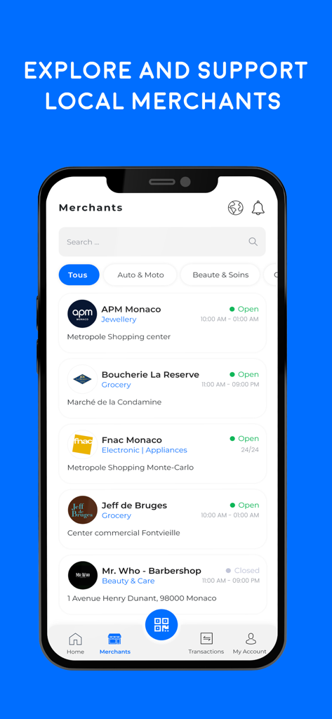 Carlo App - Smartphone screen displaying the Carlo app merchant list with local shops in Monaco.