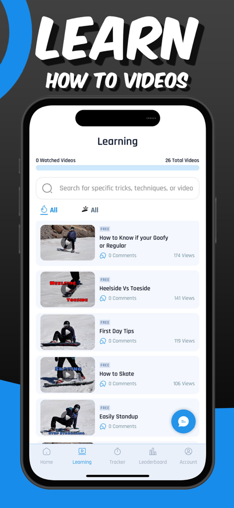 PocketCoach Snowboard - iPhone screenshot showing a list of snowboarding video tutorials in the PocketCoach app