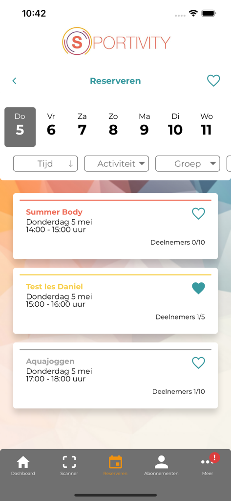 Sportivity - Sportivity mobile app interface showing fitness class booking options and schedule.
