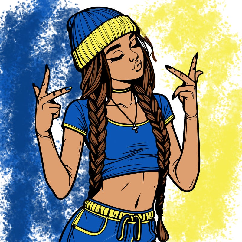 realistic teenage girl with braids and a beanie and crop top doing 🫶🏼