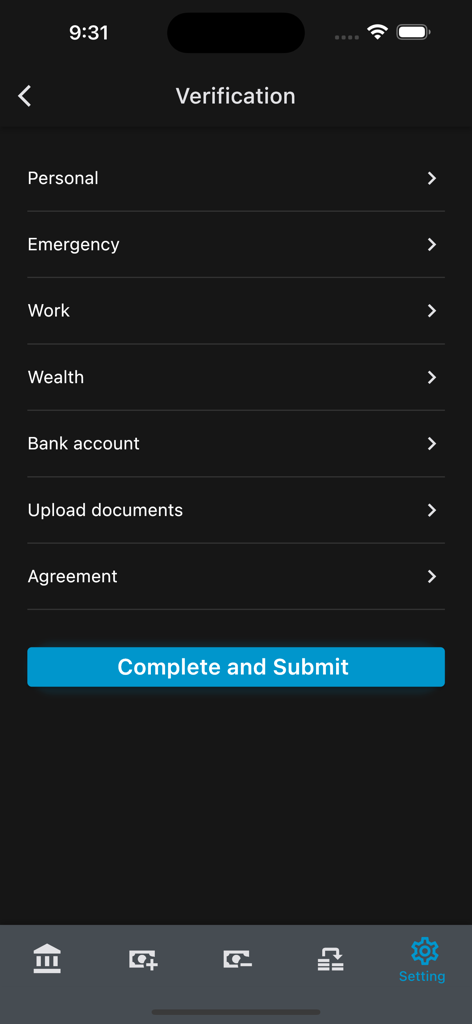 등록을 위한 필수 단계를 보여주는 DIDIMAX Trader 앱의 계좌 인증 인터페이스