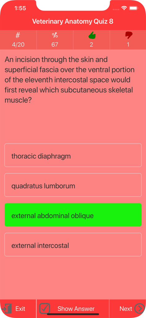 Veterinary Anatomy Quizzes - Ein Multiple-Choice-Fragenbildschirm aus der Veterinäranatomie-Quiz-App, der eine Frage zu subkutanen Skelettmuskeln zeigt.