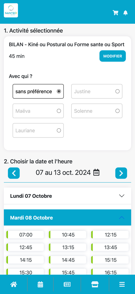 SANTEO - Sport Santé Bien-être - SANTEO-App-Oberfläche zur Planung von Gesundheits- und Sportbeurteilungssitzungen