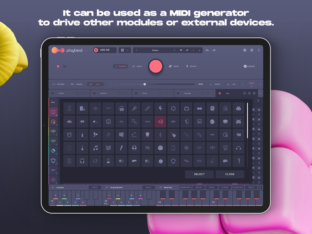 Interfaccia del generatore MIDI dell'app iPad Playbeat 4 che mostra la griglia di selezione dei suoni