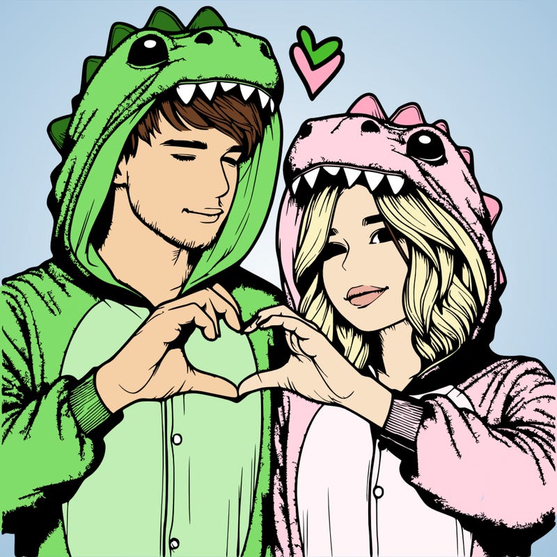 realistic couple wearing matching dinosaur onesies with heart hand gesture