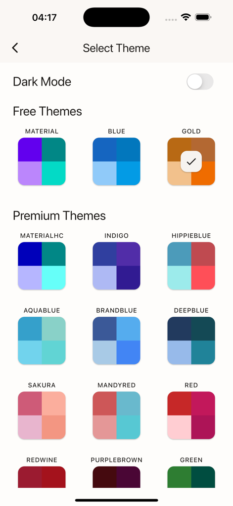 Sudoku - No Ads & Offline - Selection screen for free and premium color themes in the Sudoku app with dark mode toggle